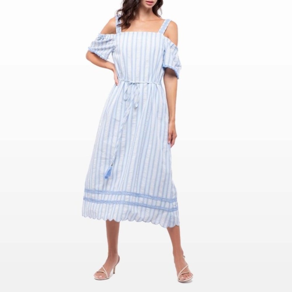 Moon River Striped Cold Shoulder Midi Dress Blue